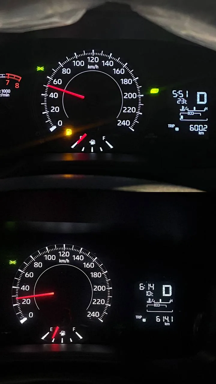 صورتان لعداد كورولا: 600.2 كيلو مع لمبة البنزين، و614.1 كيلو مع ربع تانكي